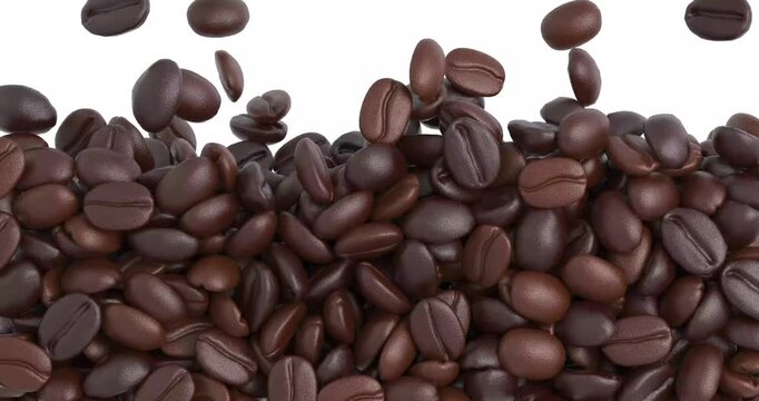 4k Resolution Video: Coffee Roasting Concept. Animated Falling Brown Coffee Beans Forming A Pile On White Background