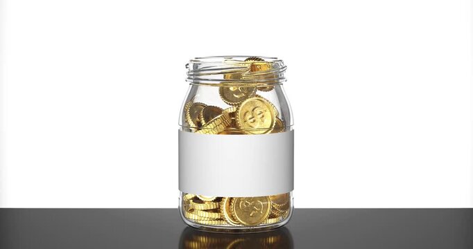 4k Resolution Video: Healthcare Funding Concept. Golden Coins Animated Falling And Filling Glass Jar With Medicine Label On White Background