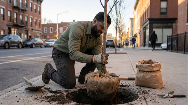 A man planting a young tree in a city sidewalk pit, kneeling on the pavement with tools and a bag of soil nearby in an urban setting