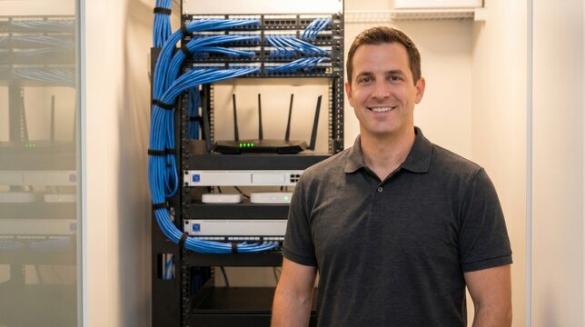 Professional it technician smiling in a server room with network equipment and blue ethernet cables in a rack cabinet