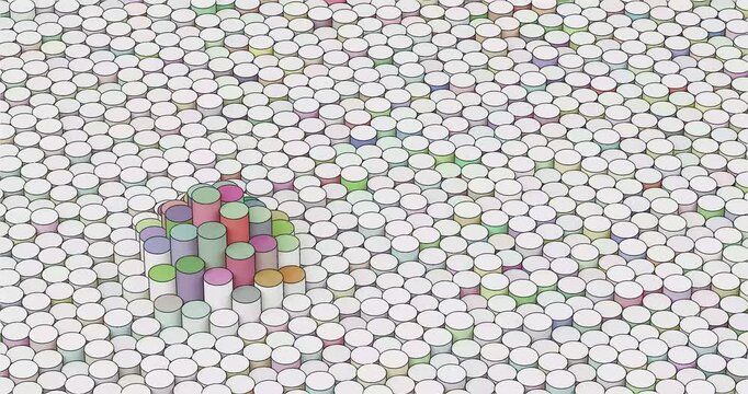 4k Resolution Video: Standing Out Concept. Animated Colorful Tall Cylinders Rising Above Repeating White Circular Pattern Extreme Closeup