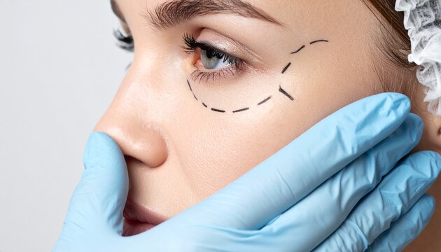 A close-up of a woman's face shows a gloved hand touching her cheeks with dotted lines drawn on her cheek.