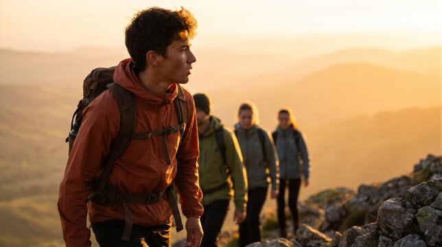 Group of young friends hiking on a mountain trail during a beautiful golden sunset, enjoying nature and adventure together in the wilderness
