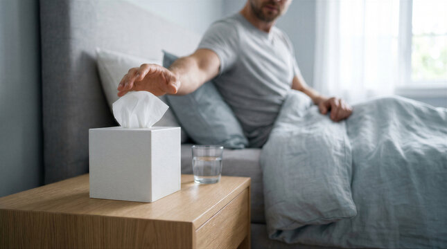Sick man reaching for a tissue from a box on a nightstand in the bedroom