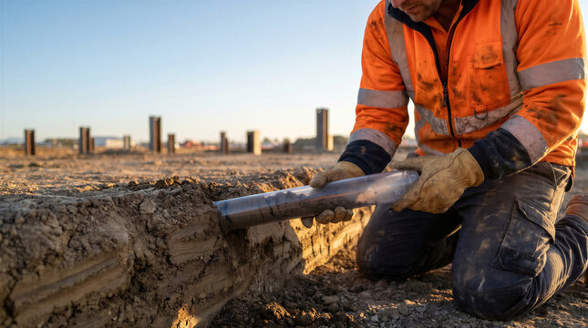 Geotechnical engineer taking a soil sample from a trench at a construction site for soil analysis and foundation testing