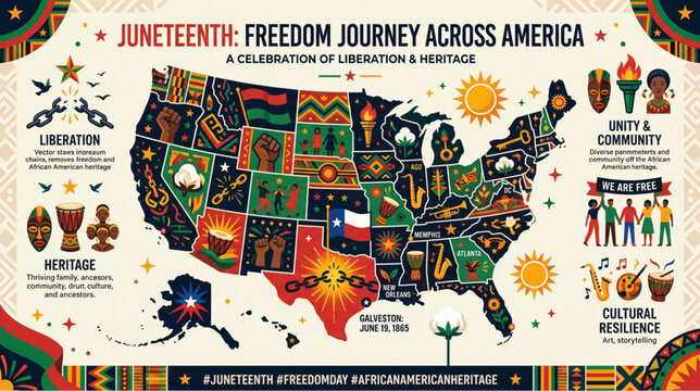 Educational vector infographic map of the United States celebrating the Juneteenth freedom journey. Filled with cultural symbols including broken chains in Galveston Texas, pan-African patterns, music