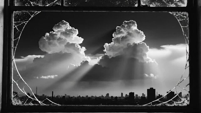 Dramatic black and white cityscape view through a broken window with heavenly clouds and sunbeams