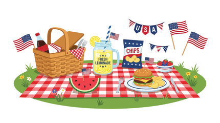 Obraz premium People enjoy outdoor picnic with food and American flags on blanket