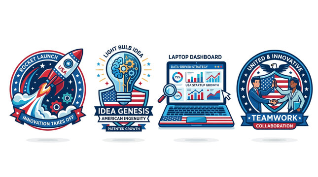 Four American themed business logos on a white background with a rocket, lightbulb, laptop, and teamwork emblem