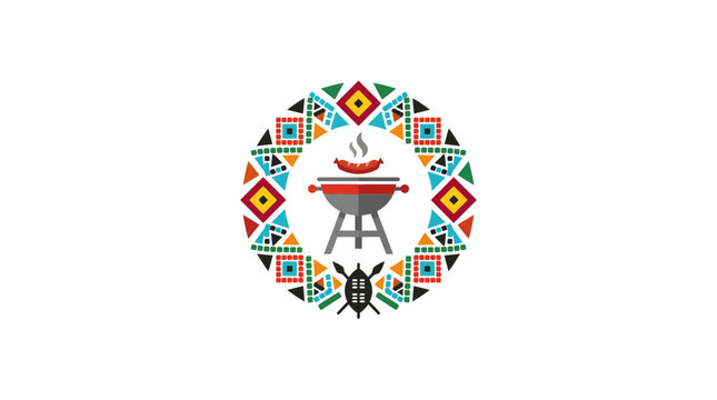 African Braai Barbecue Logo Design with Tribal Pattern Frame