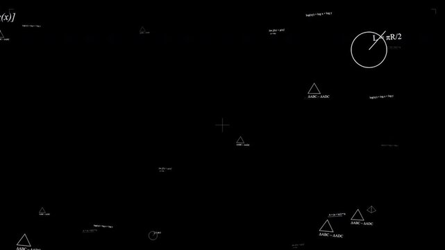 Floating White Mathematical Equations and Geometric Symbols Moving on Black Background