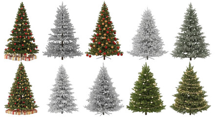 Fototapeta premium Collection of ten isolated christmas trees with various decorations, including red ornaments, white snow, golden lights, and wrapped gift boxes