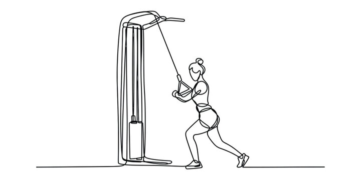 Woman doing cable tricep pushdown exercise at gym in one line drawing art style Vector, illustration