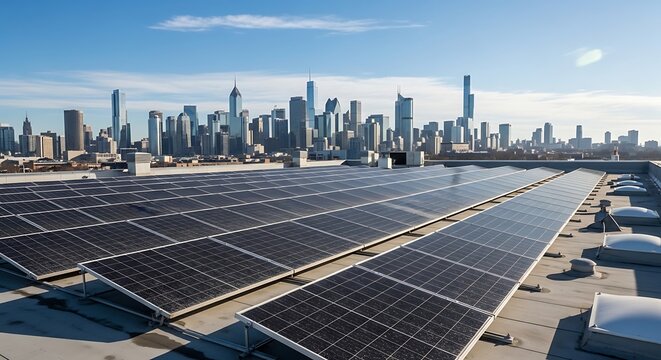Solar panel array on urban rooftop with city skyline view
