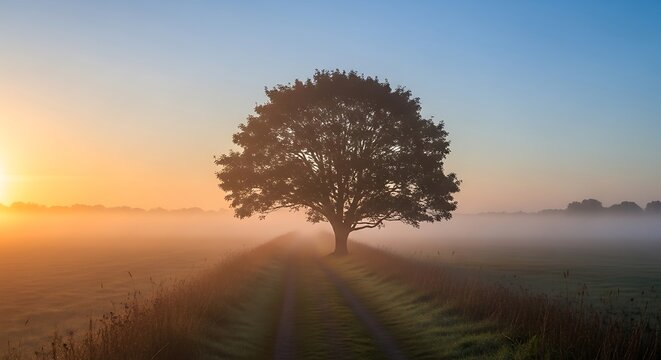 Solitary tree at dawn on a misty path overlooking a hazy valley at sunrise