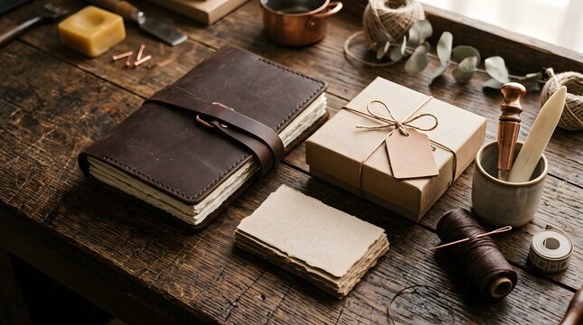 Vintage leather journal and gift box on rustic wooden table.