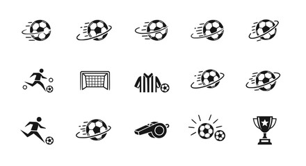 Fototapeta premium Soccer Icons Set: Football, Player, Goal, Referee, Whistle, Trophy - Vector Graphics