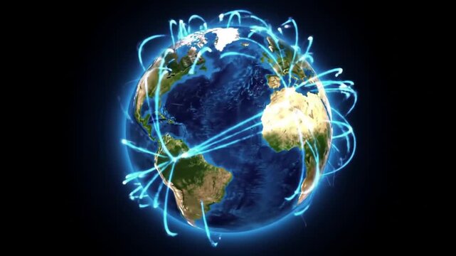 Digital Earth globe with glowing blue communication network lines