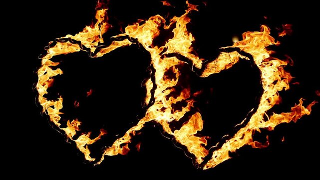 Two flaming hearts burning against black background. Romantic love symbol with fire effect representing passion, relationship, romance and emotional connection.