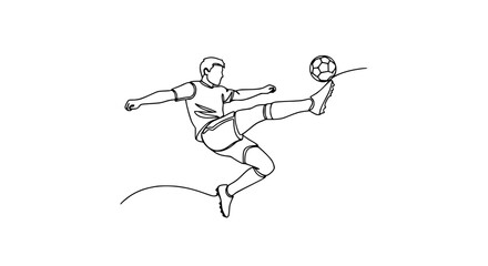 Fototapeta premium Continuous line drawing of a male soccer player kicking a ball in mid-air, dynamic action shot.