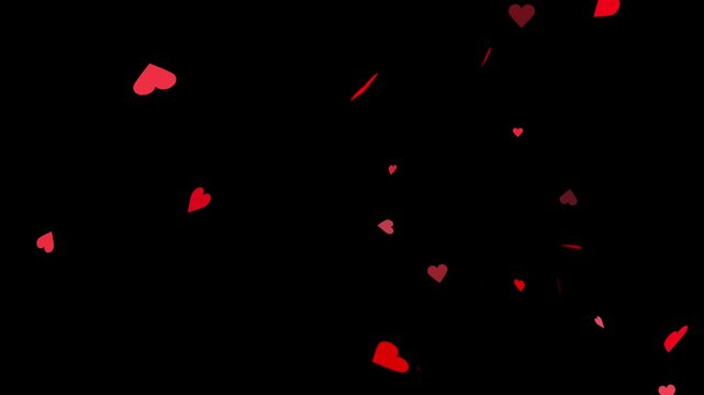 Romantic red heart flying 4k video. Alpha channel, transparent background. Heart falling alpha elements with heart particle filling looped for overlay on your footage.
Red hearts fall from top.