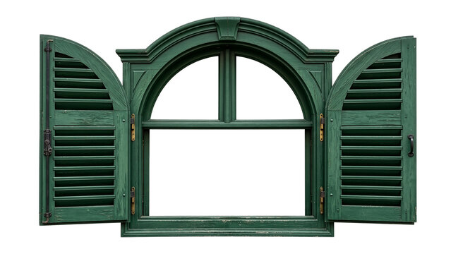 Vintage Green Wooden Arched Window with Open Louvered Shutters and Brass Hardware on White Background, Isolated Architectural Element