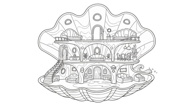 Coloring page illustration of a multi-level fantasy house interior built inside a giant open clamshell with seashell-shaped furniture, curved staircases, decorative plants, and doorways.