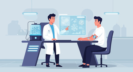 Fototapeta premium Scientist and Patient in Futuristic Medical Lab with Digital Screen