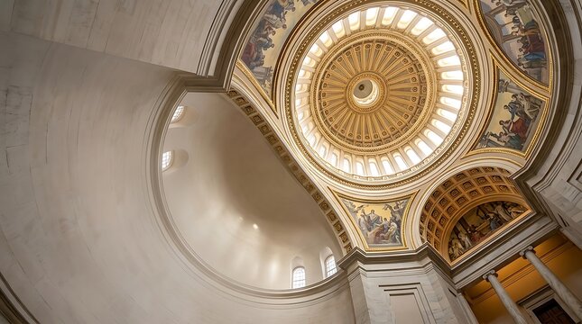 Interior of a majestic neoclassical dome with golden ornate details