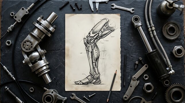 Engineering sketch of a bionic prosthetic leg with mechanical parts