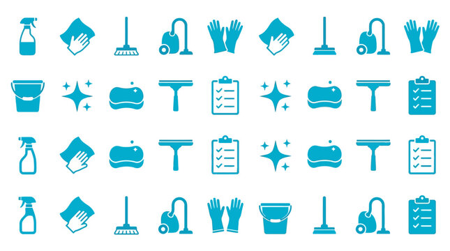 Cleaning Tools Icons Set: Spray Bottle, Gloves, Broom, Vacuum, Bucket, Sponge, Squeegee, Clipboard