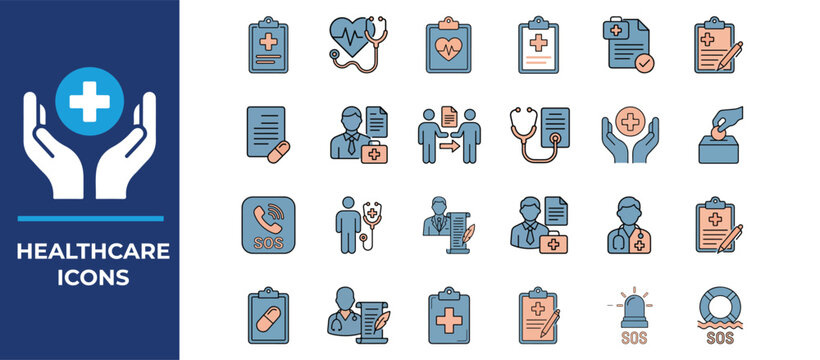 Collection of various healthcare related icons and symbols for medical purposes on white background