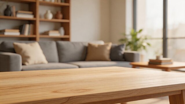 Modern cozy living room interior with wooden table, grey sofa, bookshelf and plants. Minimalist home decor concept for real estate, furniture design, architecture background.