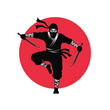 Dynamic ninja silhouette in combat stance holding dual katanas against large red sun background. Factual vector illustration of Japanese warrior with swords on white.