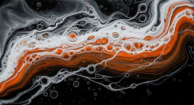 Abstract orange and white fluid acrylic pour on black background