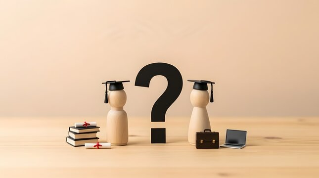 Two wooden graduate figures stand beside a black question mark representing career dilemma and academic education choices for students.