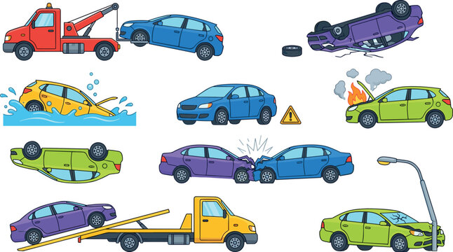 Car Crash and Auto Accident Vector Set with Tow Trucks, Collision Scenes, Overturned Vehicles, Damaged Automobiles, and Roadside Breakdown Illustrations for Insurance Layouts