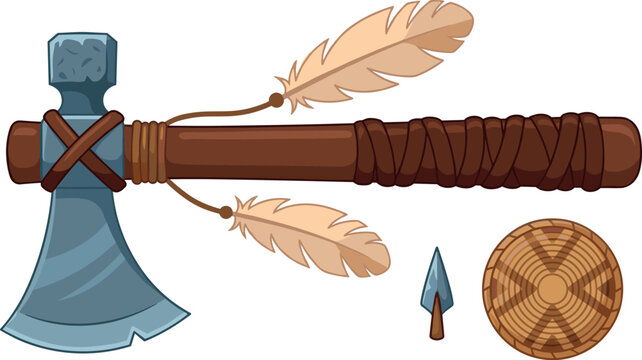 Native American Tomahawk Axe Vector Set with Traditional Feathers, Stone Arrowhead, and Patterned Tribal Shield Elements for History, Game, and Cultural Theme Designs