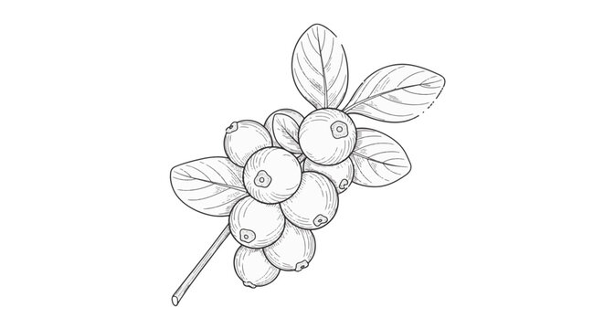 Botanical illustration of a snowberry branch featuring clusters of round berries and detailed veined leaves, black and white line art isolated on white background.