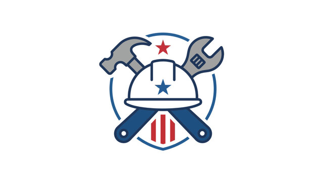 American Construction Industry Emblem with Tools and Helmet