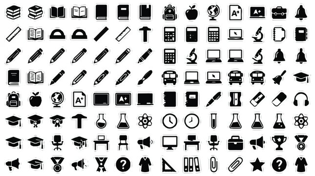 Collection of various black and white icons on white background