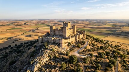 Obraz premium Aerial view of a medieval stone castle on a hilltop in spain
