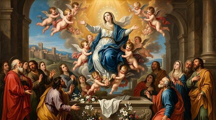 Fototapeta premium Virgin mary ascending to heaven surrounded by angels and apostles