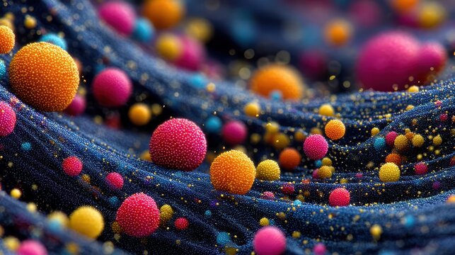 Abstract visualization of Brownian motion with colorful textured spheres on wavy blue particle background, science and nanotechnology concept.