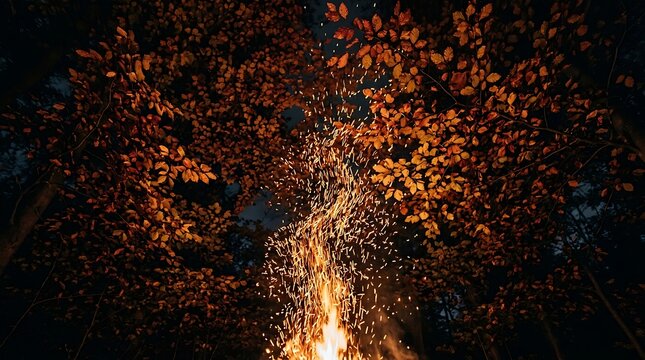 Burning campfire with orange sparks rising through autumn tree leaves
