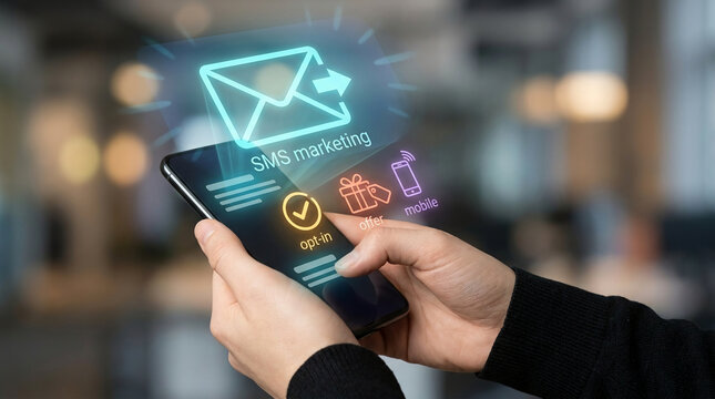 Person holding a smartphone with SMS marketing holographic interface showing opt-in and promotional offers for mobile digital advertising strategy.