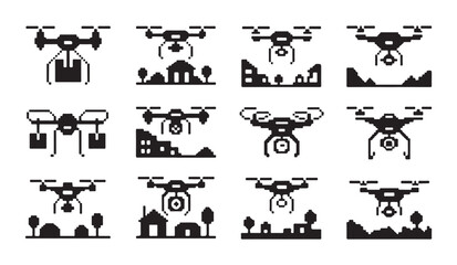 Obraz premium Pixel drone delivery and surveillance icons set. quadrocopters shipping packages, monitoring homes.