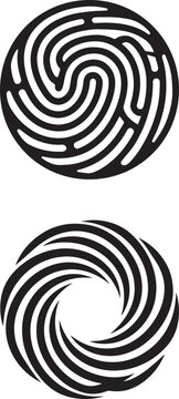 Circular vector icons with fingerprint maze pattern and spiral vortex design for graphic design elements
