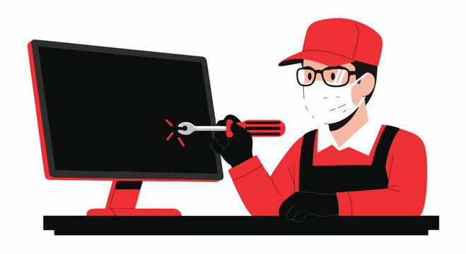 Flat vector illustration of a male computer technician in a red uniform and face mask repairing a computer monitor with a hand tool on a black desk against a white background.