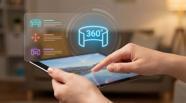 Person using a tablet with a 360-degree panoramic view virtual reality hologram interface for real estate or travel tour in a cozy home environment